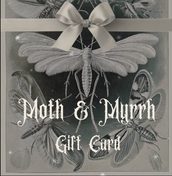 Gift card design with moths and a bow, featuring the brand 'Moth & Myrrh'.