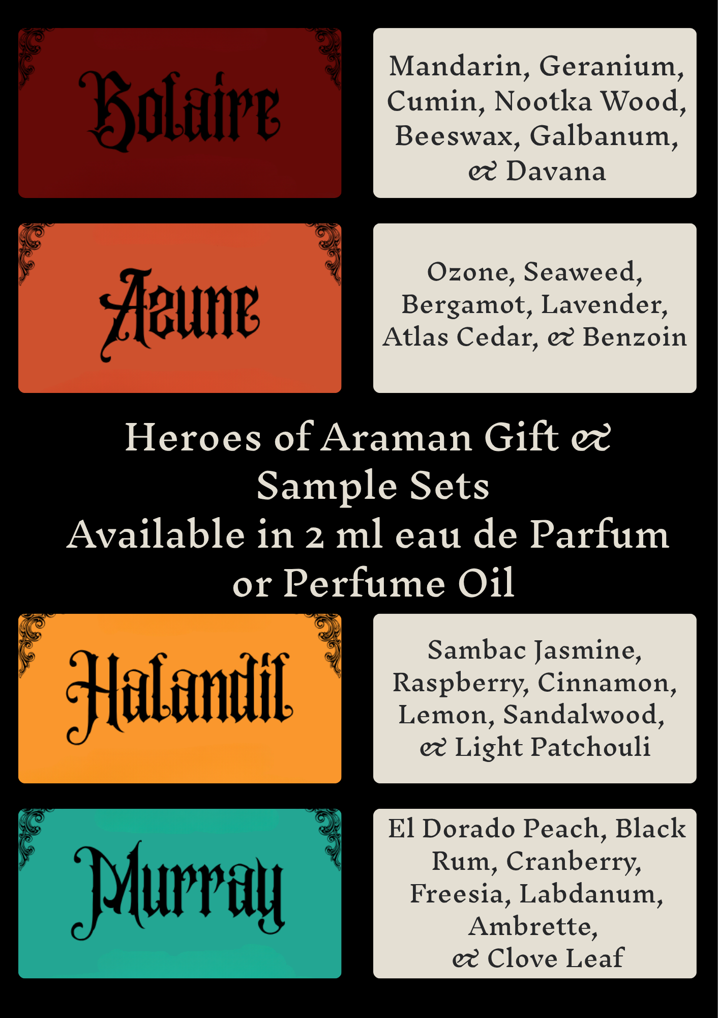 Heroes of Aramán Perfume Sample & Gift Sets